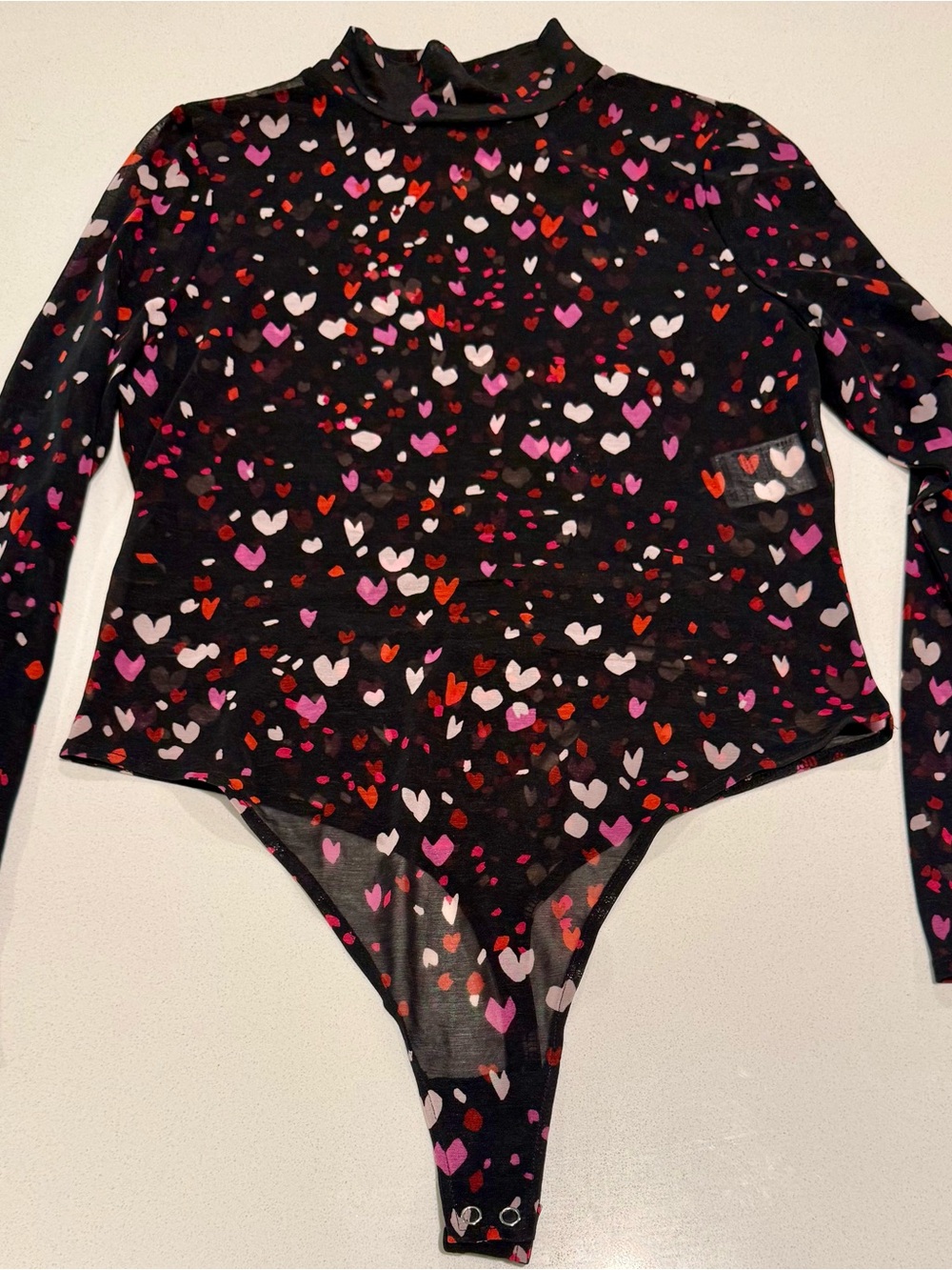 Bar III Black Long-Sleeve Heart Print One-Piece Bodysuit